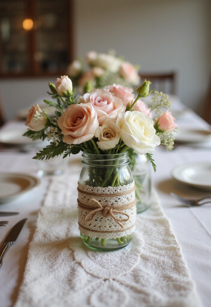 22 Whimsical Mason Jar Wedding Centerpieces That'll Add Charm to Your Reception! - 3. Vintage Lace and Twine