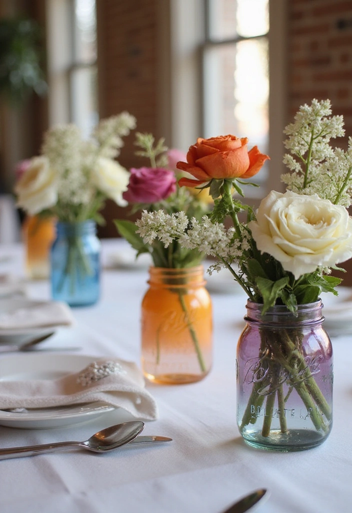 22 Whimsical Mason Jar Wedding Centerpieces That'll Add Charm to Your Reception! - 14. Ombre Flower Arrangements