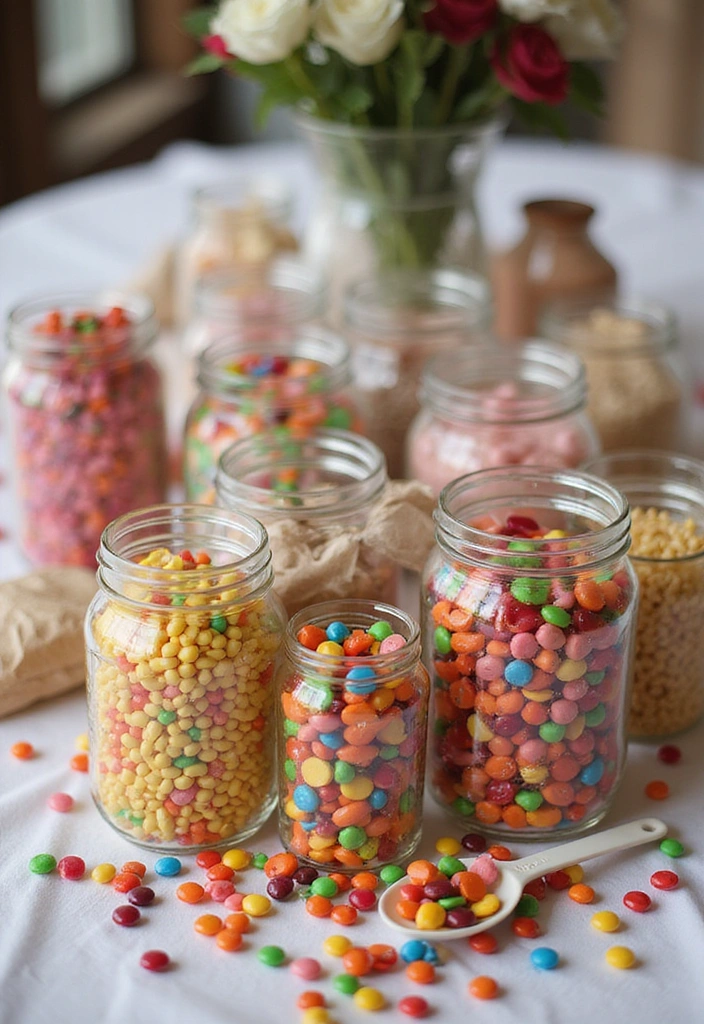 22 Whimsical Mason Jar Wedding Centerpieces That'll Add Charm to Your Reception! - 15. Playful Candy Jars