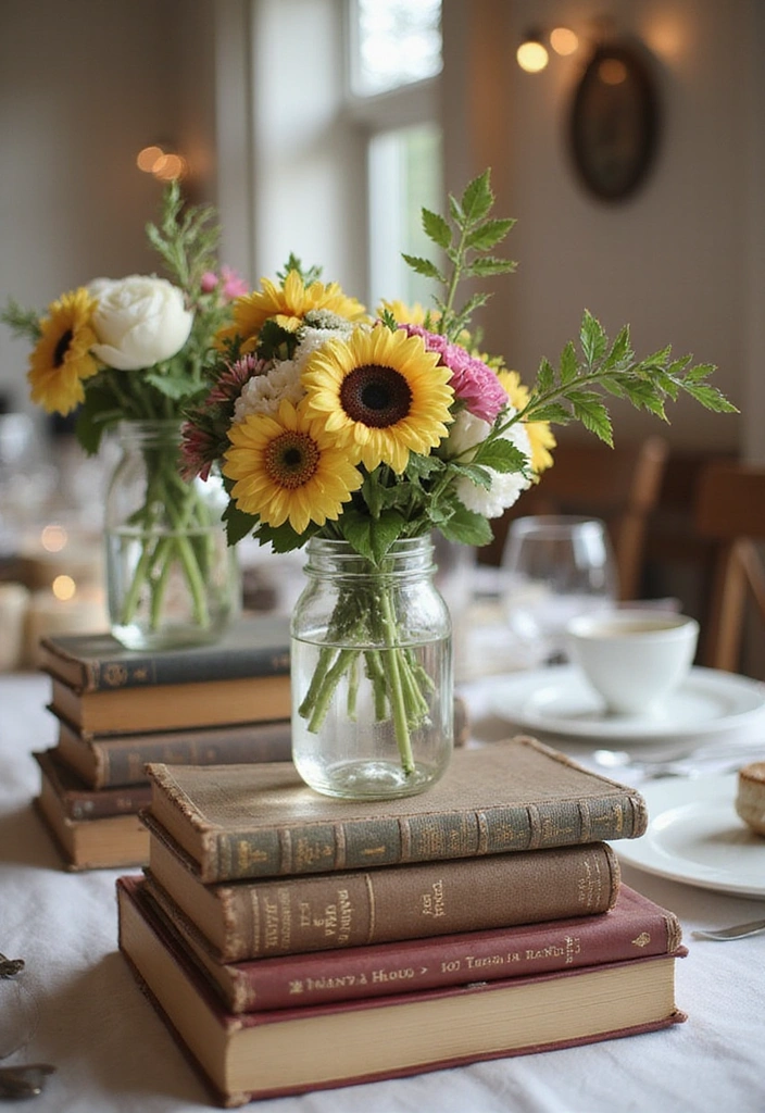 22 Whimsical Mason Jar Wedding Centerpieces That'll Add Charm to Your Reception! - 12. Vintage Books and Jars